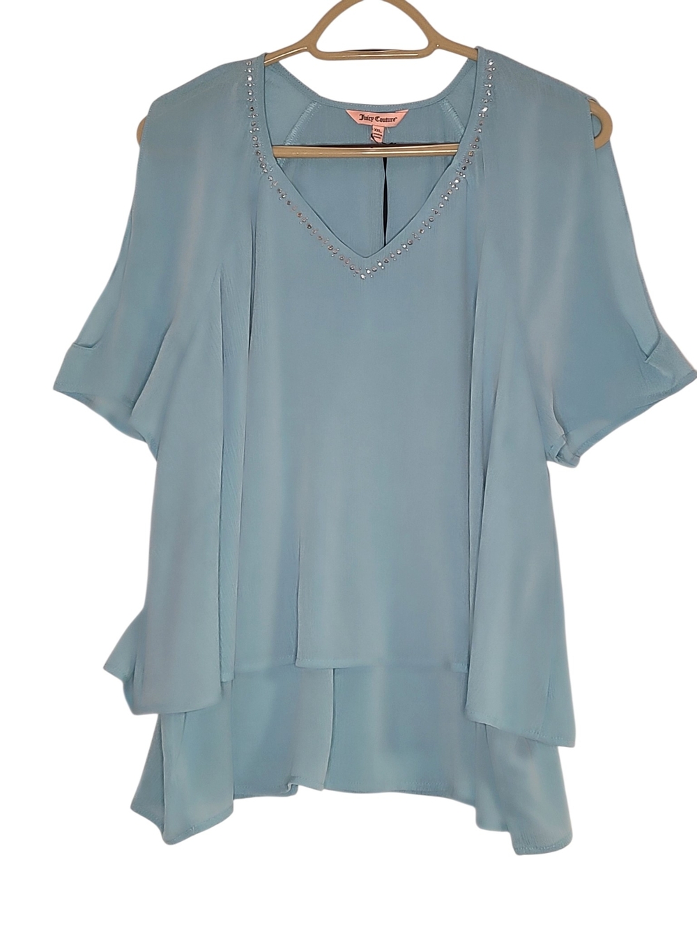 NWT Juicy Couture Cerulean Blue Rhinestone Cold Shoulder Double Layer Top XXL
